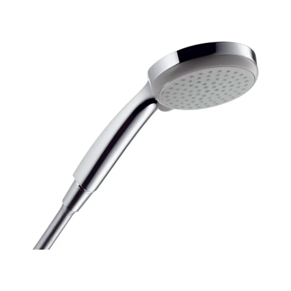 Handbrause mit einem runden, flachen Kopf und einem schlanken, verchromten Griff. Produkt von Hansgrohe, geeignet für die Montage in Duschbereichen.